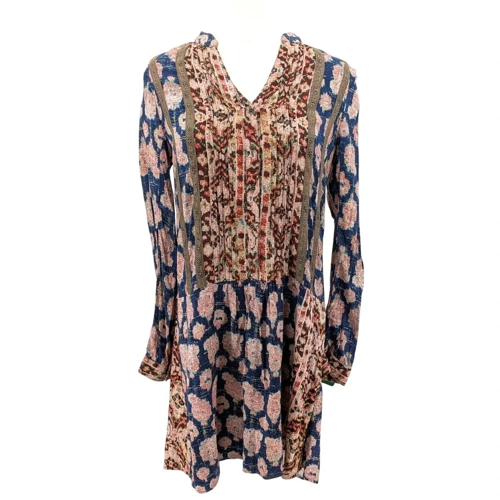 Tiny Boho‎ Peasant Tunic Dress Mixed Print Long Sleeve Flowy